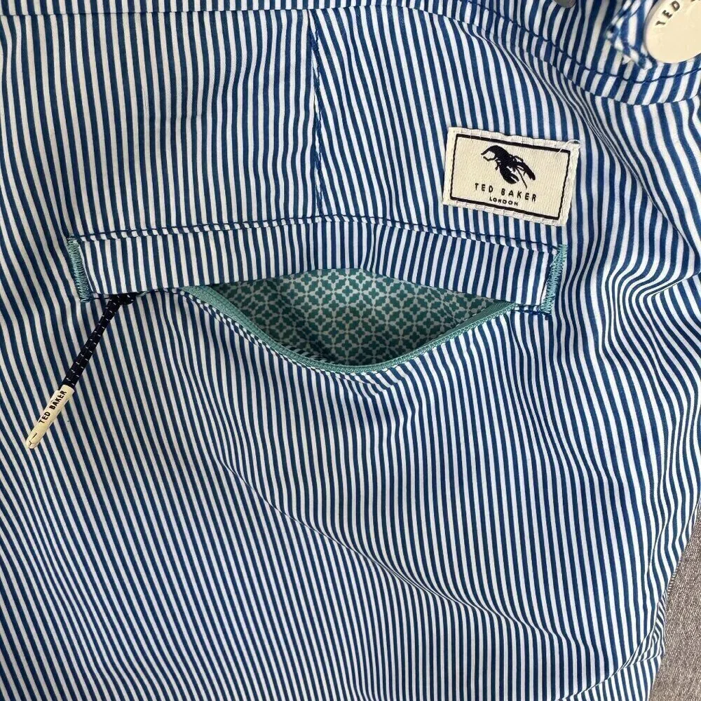 Ted Baker Blue White Strip Lobster Logo Snap Front Swim Shorts Size 2XL / 6